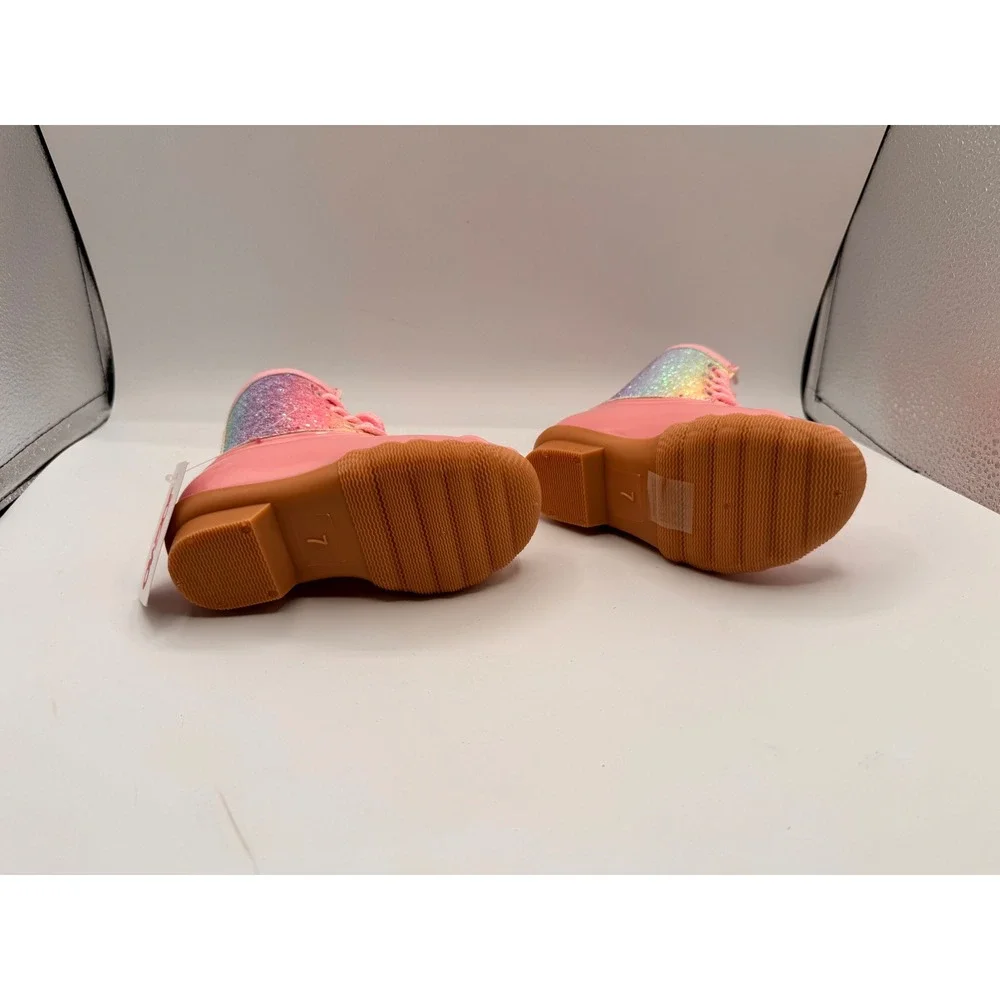 Josmo Girls Pink Glitter Rainbow Duck Boot Lace Up Faux Fur Lined Size 7 Toddler